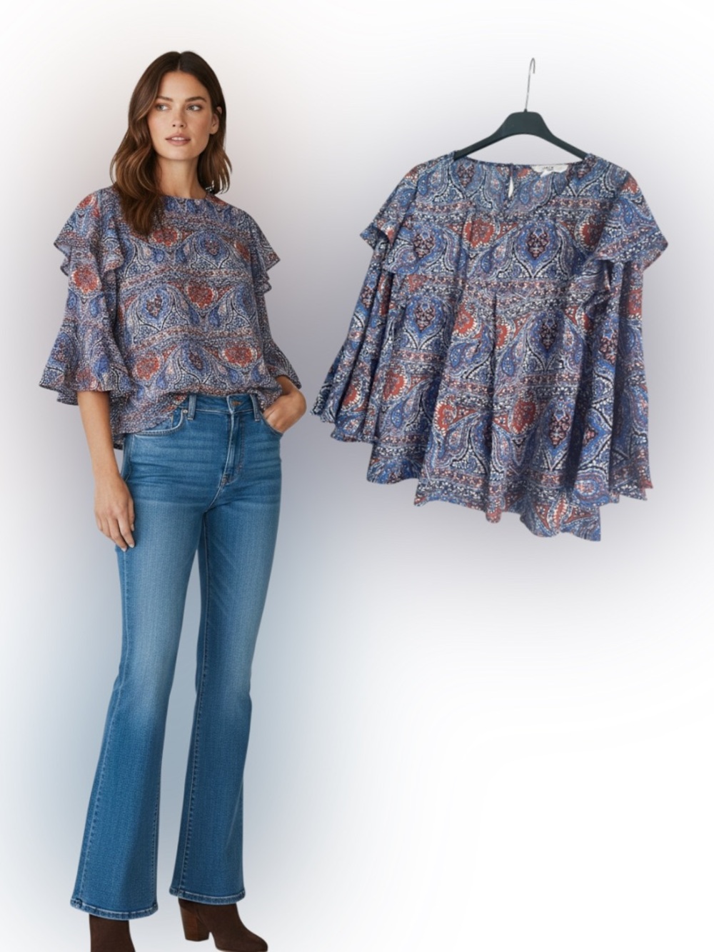 JACK BB DAKOTA Paisley Bell Sleeve Boho Blouse Small Rust Orange Blue Ruffle
